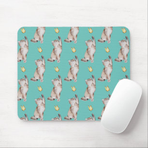 Cat Reaching For Yellow Butterfly on Light Teal Mouse Pad