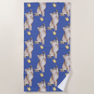 Cat Reaching For Yellow Butterfly on Med Blue Beach Towel