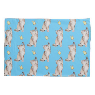 Cat Reaching For Yellow Butterfly on Sky Blue Pillowcase