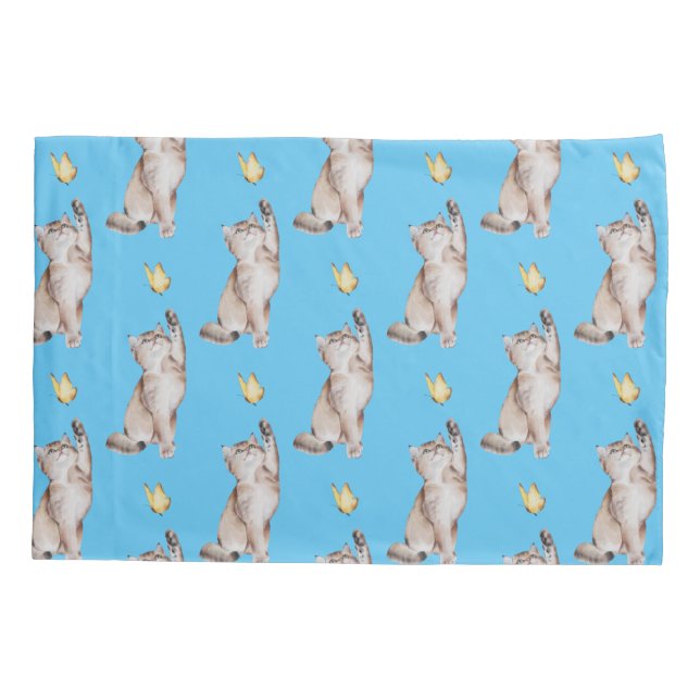 Cat Reaching For Yellow Butterfly on Sky Blue Pillowcase (Back)