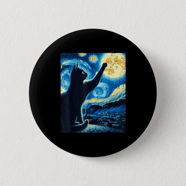 Cat Reaching Moon Starry Night Funny Kitten Men Wo 2 Inch Round Button (Front)