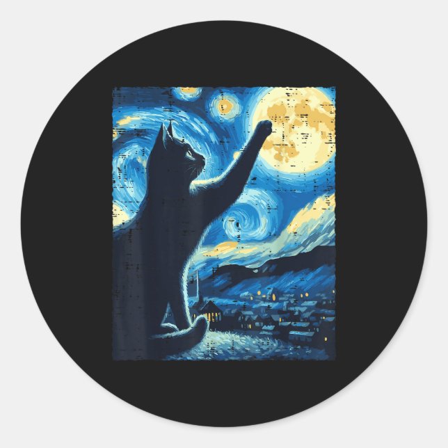 Cat Reaching Moon Starry Night Funny Kitten Men Wo Classic Round Sticker (Front)