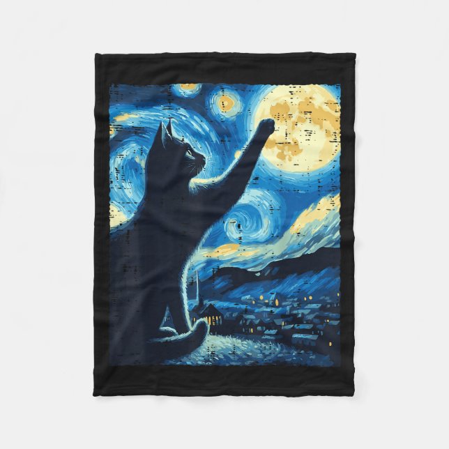 Cat Reaching Moon Starry Night Funny Kitten Men Wo Fleece Blanket (Front)
