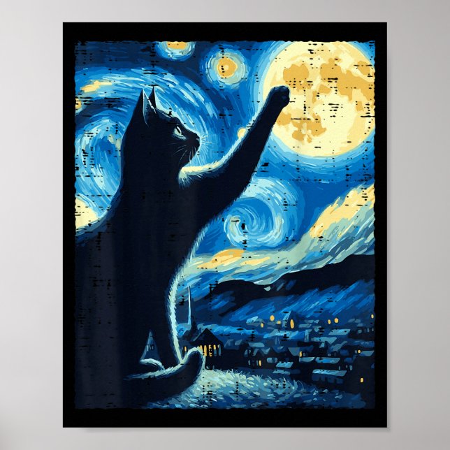 Cat Reaching Moon Starry Night Funny Kitten Men Wo Poster (Front)