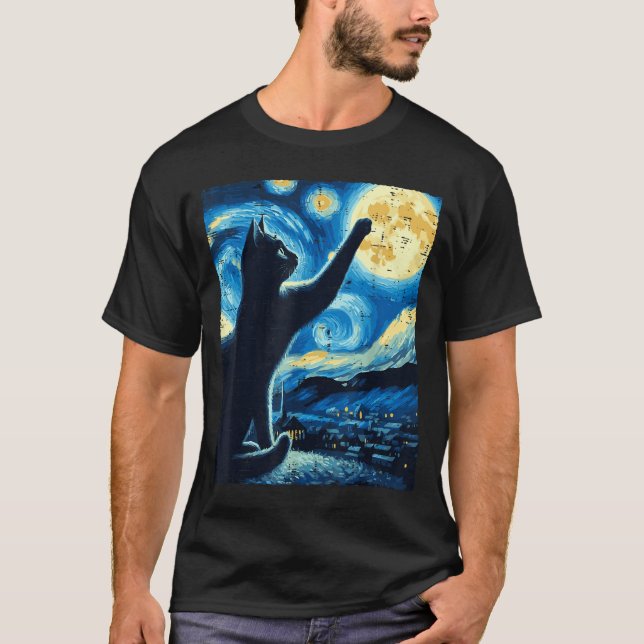 Cat Reaching Moon Starry Night Funny Kitten Men Wo T-Shirt (Front)