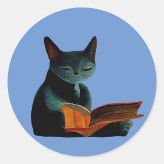 Cat reading a book classic round sticker