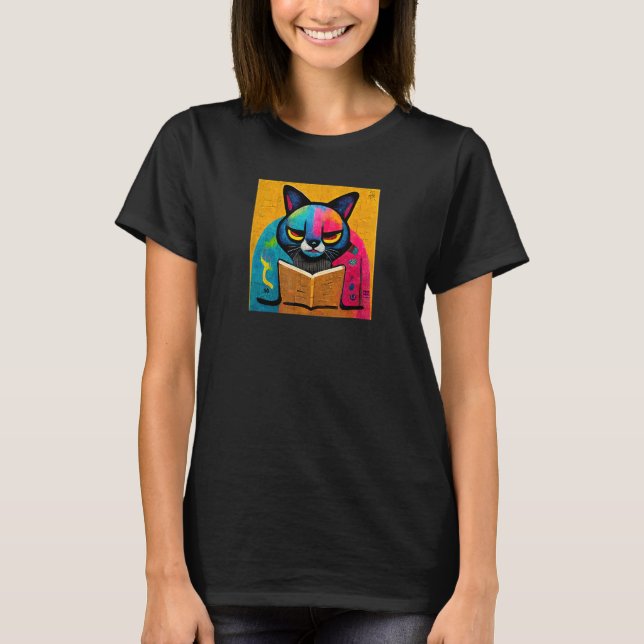 Cat Reading a Book  Design T-Shirt (Front)