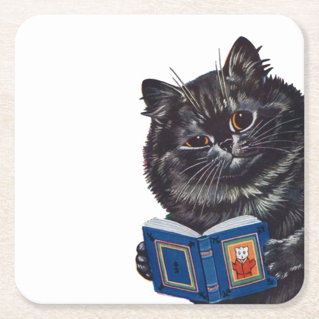 Cat Reading a Book, Louis Wain Square Paper Coaster (Front)