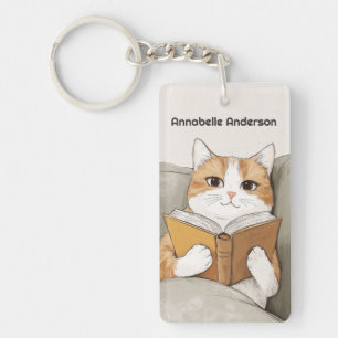 Cat Reading a Book Personalize Keychain