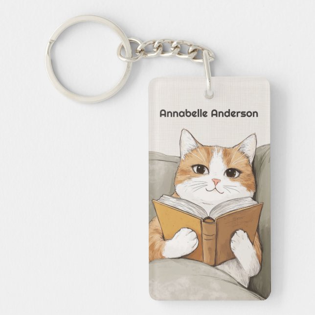 Cat Reading a Book Personalize Keychain (Front)