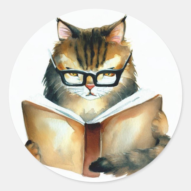 Cat Reading a Book Round Stickers (Front)