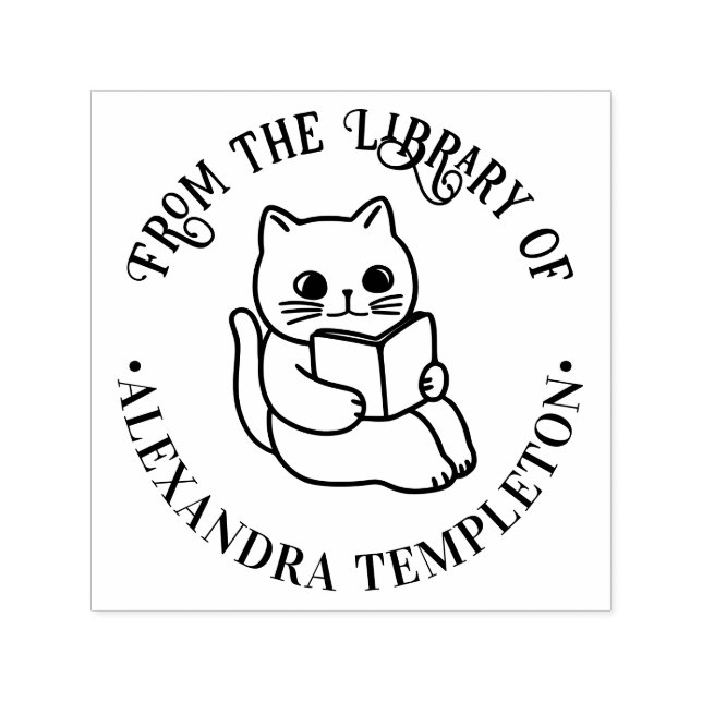 Cat Reading Book “From the Library of” Name Self-inking Stamp (Design)