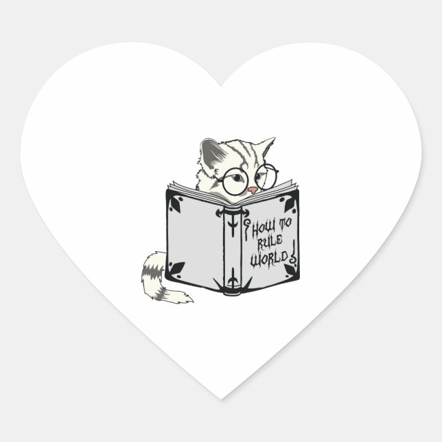Cat Reading Book  Heart Sticker (Front)