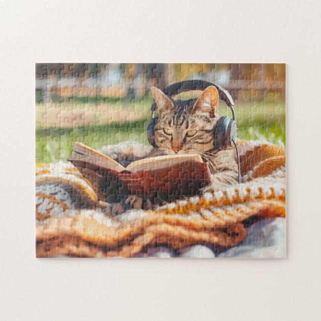 Cat reading book on knitted blanket jigsaw puzzle (Horizontal)