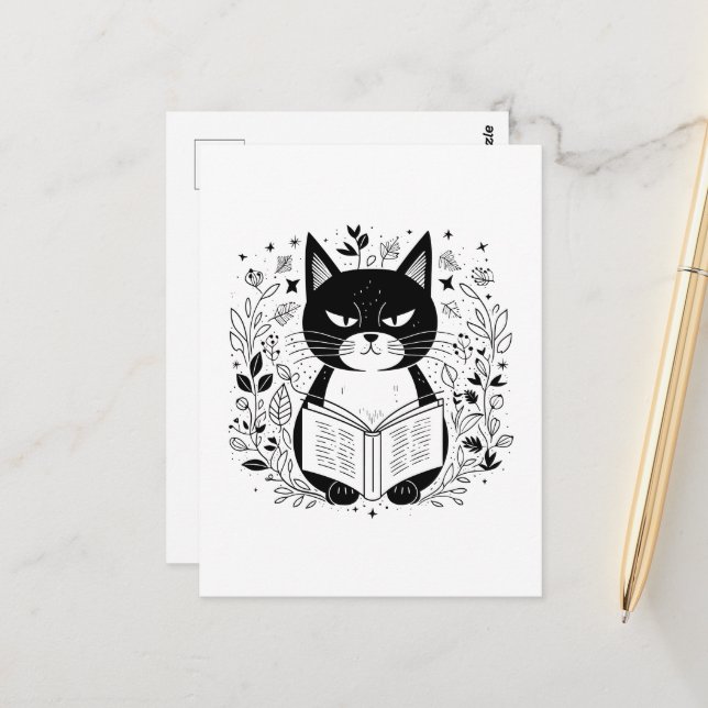Cat reading book postcard (Front/Back In Situ)