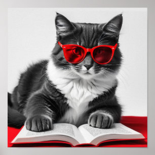 Cat Reading Book Poster