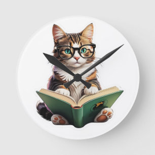 Cat Reading Book  Round Clock
