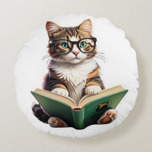 Cat Reading Book  Round Pillow