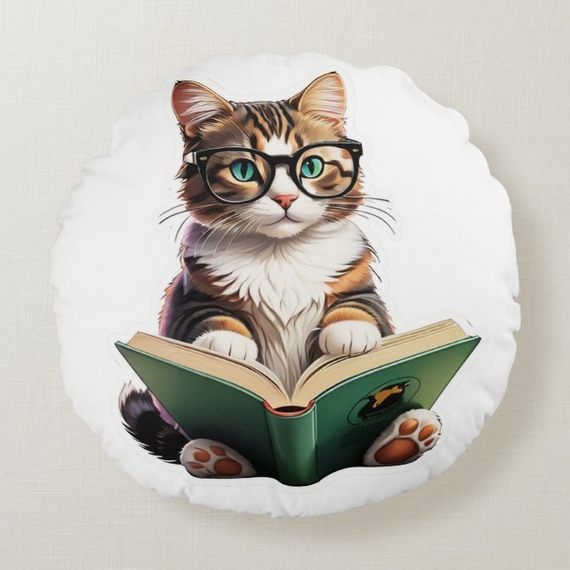 Cat Reading Book  Round Pillow (Front)