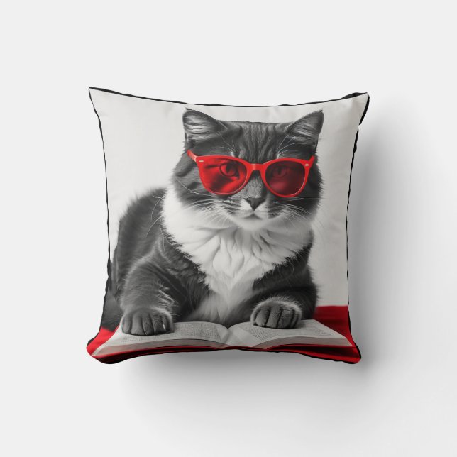 Cat Reading Book Throw Pillow (Front)