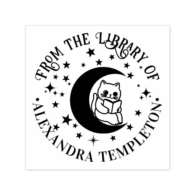 Cat Reading, Crescent Moon Stars Library Book Name Self-inking Stamp (Design)