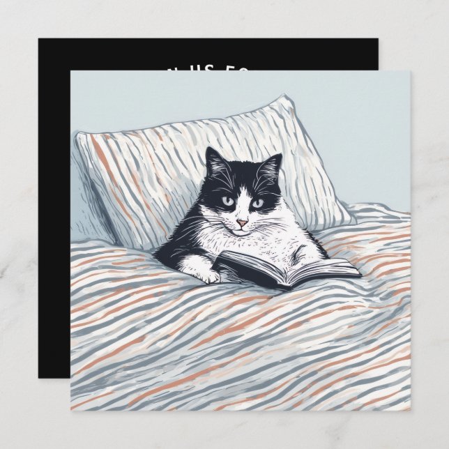cat reading in bed invitation (Front/Back)