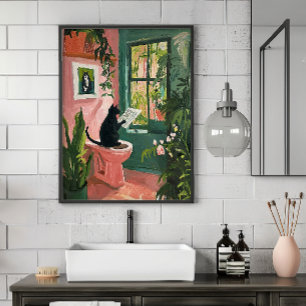 Cat Reading Newspaper - Cool Bathroom Poster