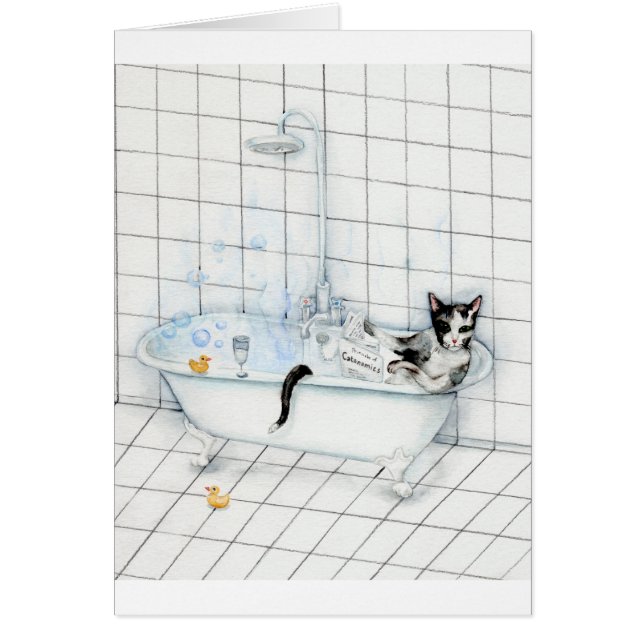 Cat reading newspaper in the bathtub (Front)