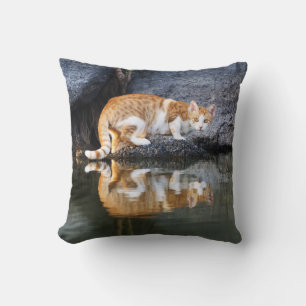 Cat Reflection in Pond Water Funny Photo - Throw Pillow