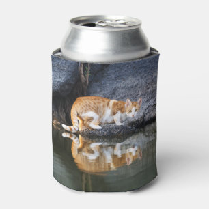 Cat Reflection in Pond Water Photo Funny Can Cooler