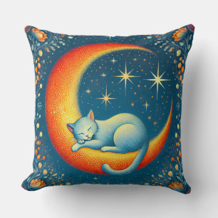 Cat Resting on a Crescent Moon at Night Throw Pillow