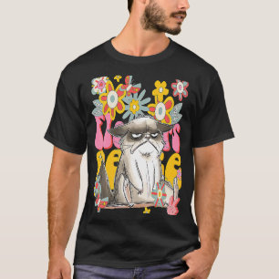 Cat Retro 60S 70S Vibe Flowers Peace Sign Vintage T-Shirt