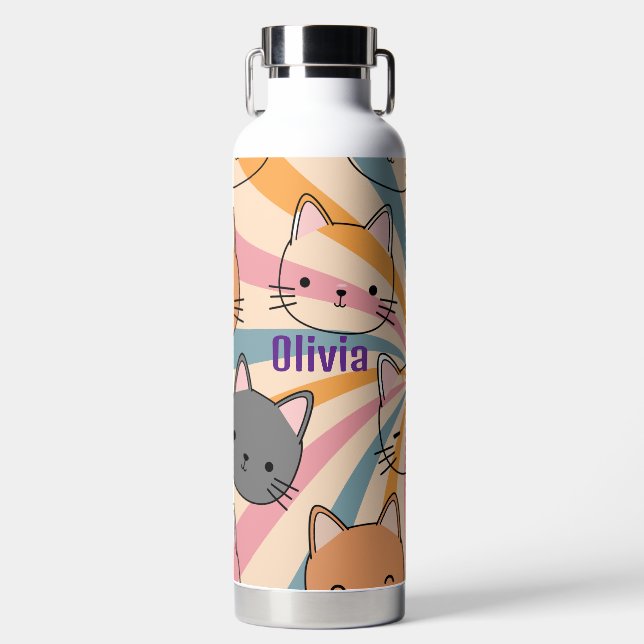 Cat Retro Colourful Minimalist Modern Personalized Water Bottle (Front)
