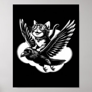 Cat Riding A Crow _ Cat On Flying Raven Funny Pull Poster