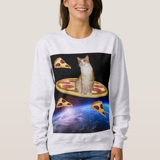 CAT RIDING A PIZZA IN SPACE funny T-shirts (Front)
