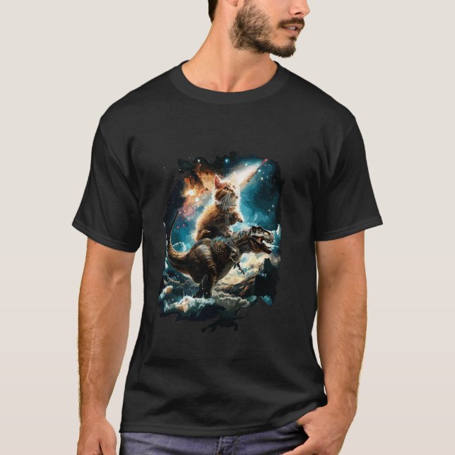 Cat Riding Dinosaur Funny Galaxy 1 T-Shirt (Front)