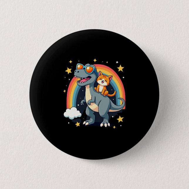 Cat Riding Dinosaur T-Rex Kitten Rainbow Dino Funn 2 Inch Round Button (Front)