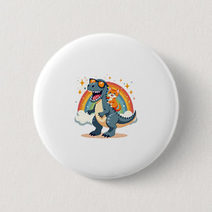 Cat Riding Dinosaur T-Rex Kitten Rainbow Dino Funn 2 Inch Round Button