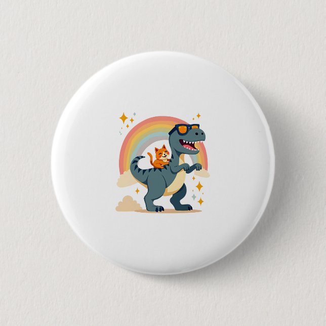 Cat Riding Dinosaur T-Rex Kitten Rainbow Dino Funn 2 Inch Round Button (Front)
