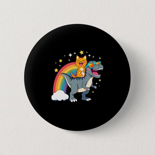 Cat Riding Dinosaur T-Rex Kitten Rainbow Dino Funn 2 Inch Round Button (Front)