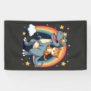 Cat Riding Dinosaur T-Rex Kitten Rainbow Dino Funn Banner