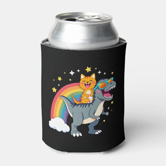 Cat Riding Dinosaur T-Rex Kitten Rainbow Dino Funn Can Cooler (Can Front)