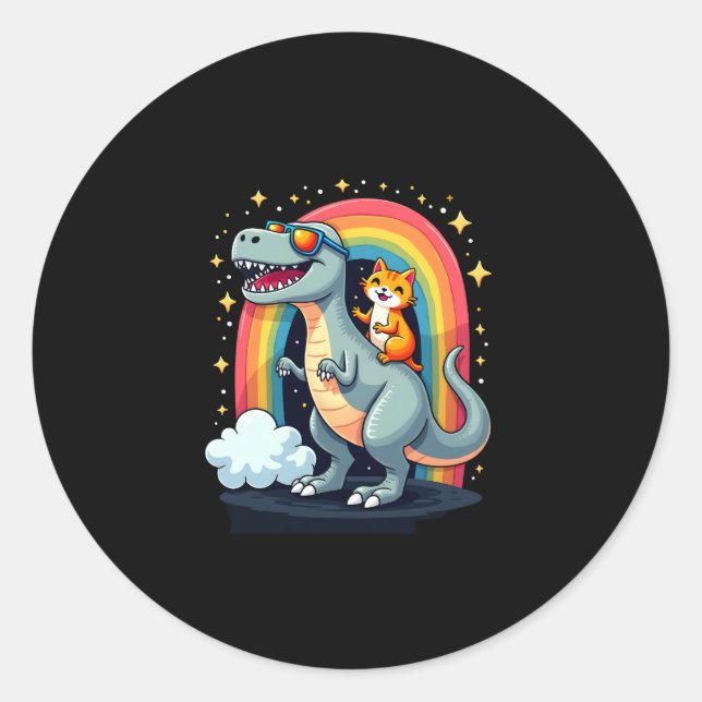 Cat Riding Dinosaur T-Rex Kitten Rainbow Dino Funn Classic Round Sticker (Front)