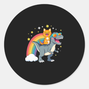Cat Riding Dinosaur T-Rex Kitten Rainbow Dino Funn Classic Round Sticker