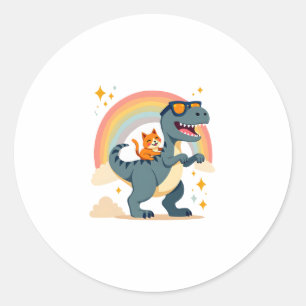 Cat Riding Dinosaur T-Rex Kitten Rainbow Dino Funn Classic Round Sticker
