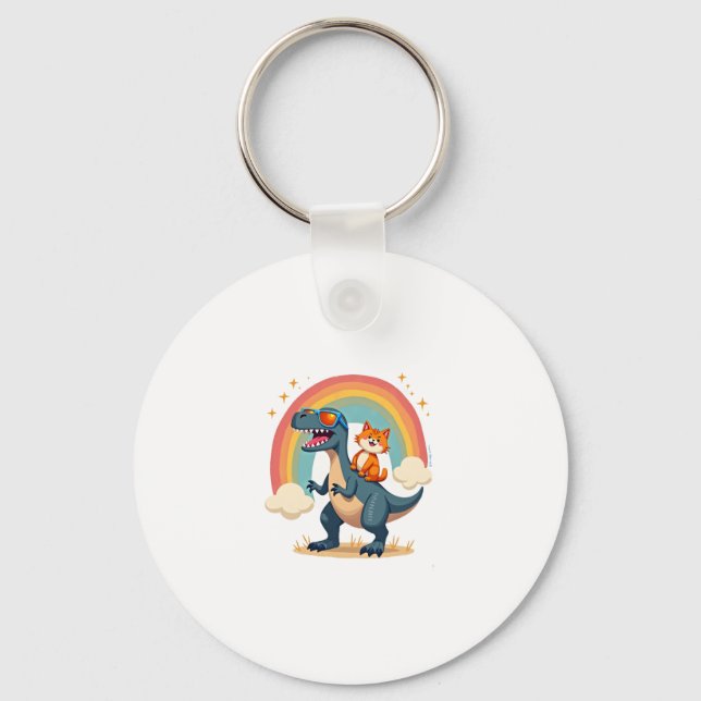 Cat Riding Dinosaur T-Rex Kitten Rainbow Dino Funn Keychain (Front)