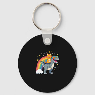 Cat Riding Dinosaur T-Rex Kitten Rainbow Dino Funn Keychain