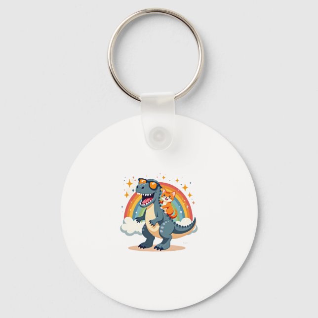 Cat Riding Dinosaur T-Rex Kitten Rainbow Dino Funn Keychain (Front)