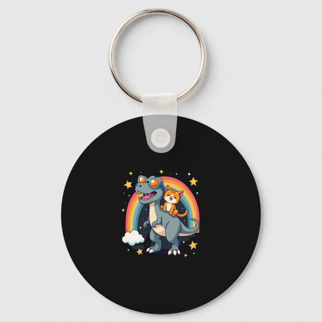 Cat Riding Dinosaur T-Rex Kitten Rainbow Dino Funn Keychain (Front)