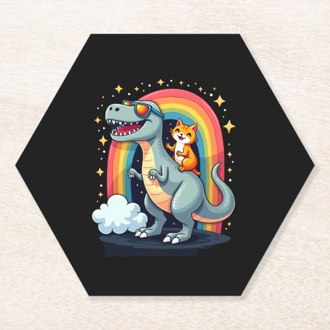 Cat Riding Dinosaur T-Rex Kitten Rainbow Dino Funn Paper Coaster (Front)